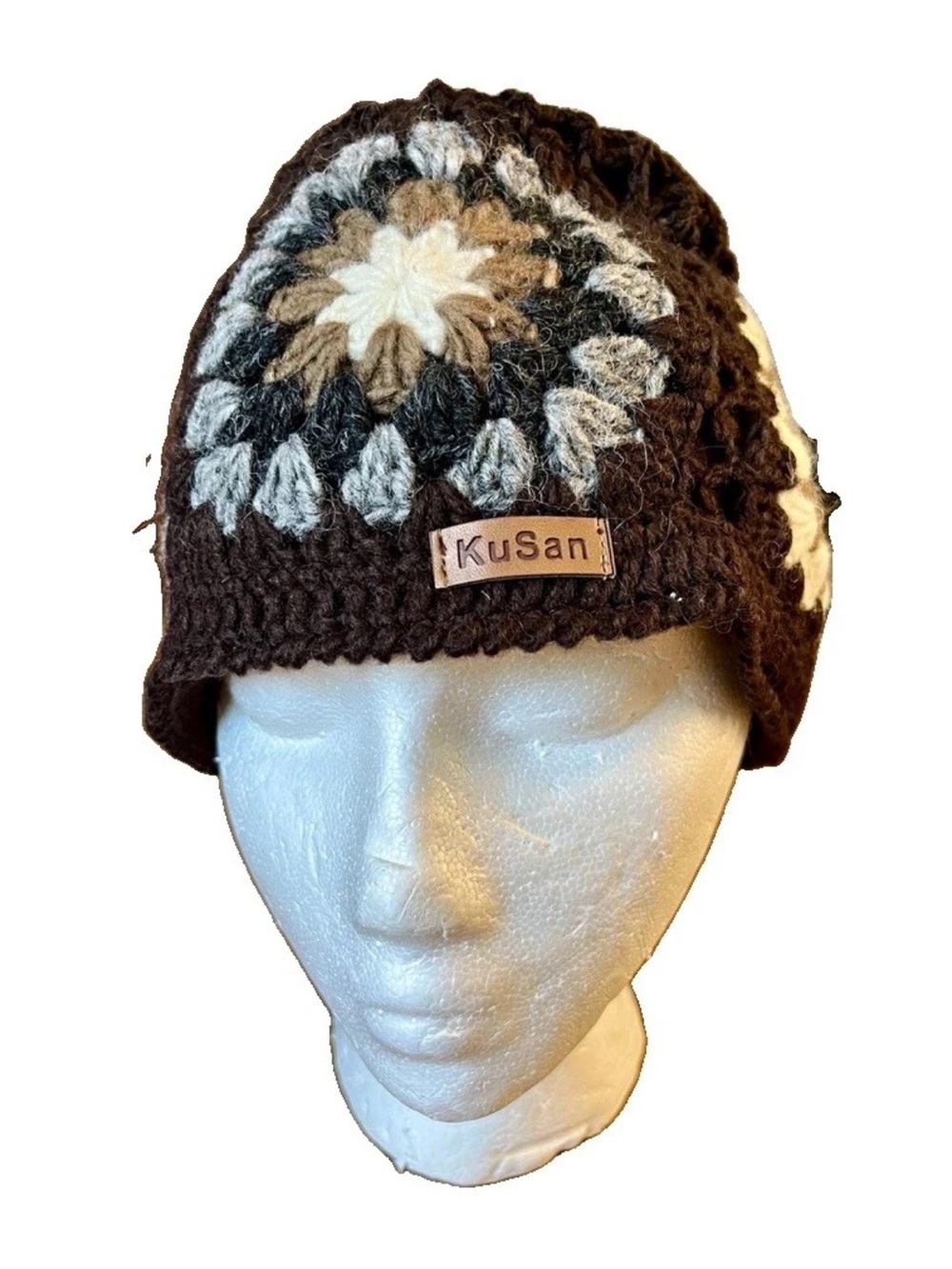 Kusan 100% Wool Knit Beanie Brown Floral Boho Fair Isle Winter Hat